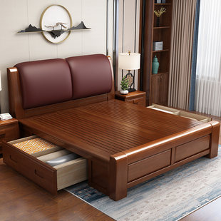 中式 全实木双人软靠床 原木高箱储物大床 1.8米1.5现代主卧室家用