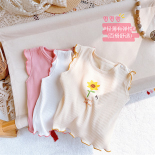 可爱6个月女宝宝T恤柔软无袖 上衣洋气背心棉 外穿夏轻薄婴儿小飞袖