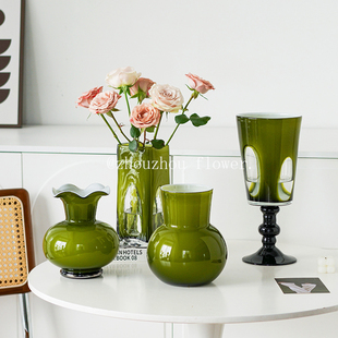 新中式 饰品 中古琉璃花瓶复古橄榄绿色玻璃高级感摆件蝴蝶兰插花装
