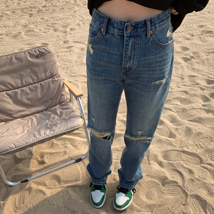 破洞牛仔裤 女2024夏季 新款 高腰宽松休闲设计感小众复古老爹直筒裤