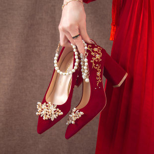 尖头粗跟结婚鞋 子2024年新款 女孕妇 中式 秀禾敬酒服可穿红色新娘鞋