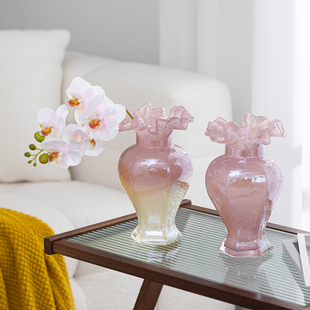 中古花瓶摆件粉色插花装 鲜花花器 饰餐桌玻璃家居复古轻奢琉璃法式
