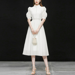 夏装 2024新款 长裙白色收腰中长款 女装 连衣裙女 气质复古泡泡袖