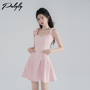 高级感气质粉色连衣裙女夏季 甜美背带裙方领小个子吊带短裙子 新款