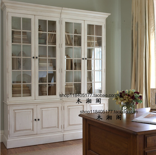 简约现代书柜美式 实木家具定制自由组合实木书柜白色书架带玻璃门