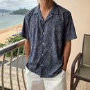 新款 衬衣高级感巴五分袖 夏季 藏蓝色古巴领衬衫 男薄款 夏威夷花衬衫
