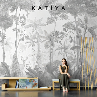 Katiya法式 树林卧室美式 饰画 丛林东南亚餐厅壁纸电视背景墙墙布装