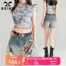美式 KEIKO 设计感贴布渐变洗显瘦裤 辣妹牛仔短裤 裙短裙 女2024夏季