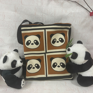 针织熊猫包编织托特学生补课装 书伴手礼品袋笔记本大包旅游沙滩包