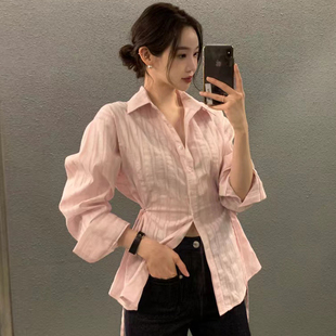 韩国chic夏季 甜美气质翻领系带收腰显瘦撞色条纹长袖 上衣女 衬衫