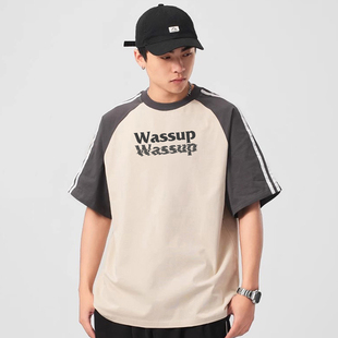 重磅高街潮牌条纹插肩上衣T恤衫 WASSUP美式 纯棉短袖 夏季 男女 新品