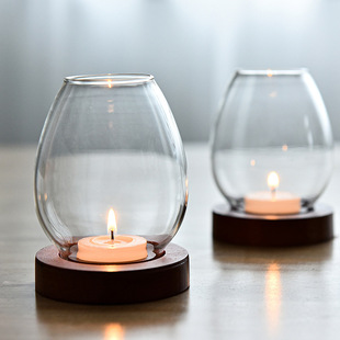 欧式 摆件 透明玻璃圆形烛台烛光晚餐禅意复古家用防风蜡烛杯罩中式