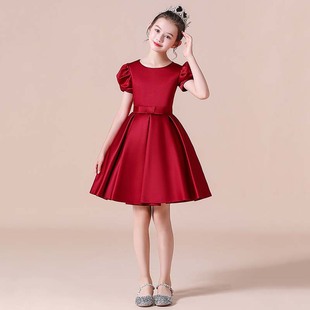 女童礼服公主裙新款 春夏季 钢琴演出服 红色缎布主持礼服诗朗诵短袖