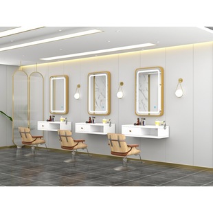 理发店镜子柜子一体单面壁挂式 美发镜子发廊专用挂墙带灯镜台潮款