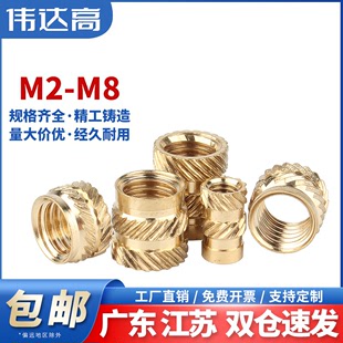 注塑热熔铜螺母M2M3通孔滚花螺帽土八字预埋铜嵌件铜花母M4M5M6M8