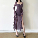WEIRD PUSS 连衣裙收腰气质不规则长裙 法式 氛围感香芋紫显瘦长袖
