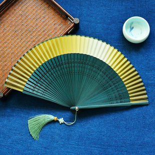 中国风渐变绿古风竹折扇子女式 纯色夏季 跳舞蹈扇汉服 随身折叠日式