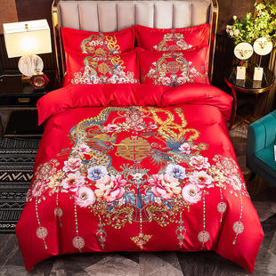 瑰诺婚庆大红大版 印花四件套结婚新婚床上用品床单被套被罩四件套