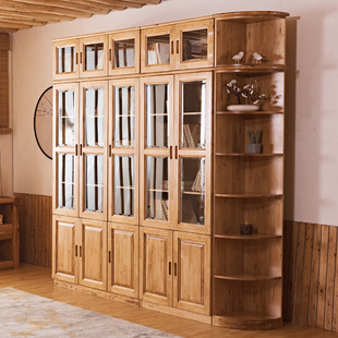新品 家具 柏木转角纯实木书柜储物柜自由组合带玻璃门书橱现代中式