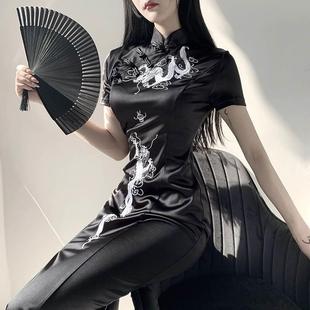 新款 暗黑中国风旗袍女2024年春季 高开叉改良版 修身 龙纹连衣裙 长款