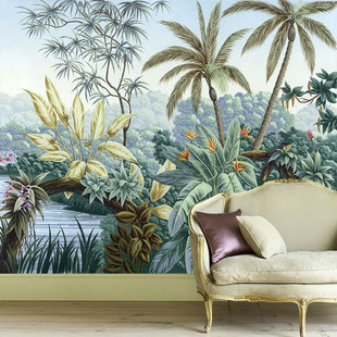 3D立体热带雨林植物墙纸餐厅卧室背景墙壁纸东南亚芭蕉叶森林墙布