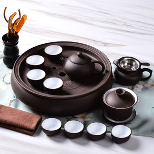 紫砂功夫茶具套装 茶杯茶壶茶盘整套陶瓷茶具圆形茶洗蓄水家用茶器