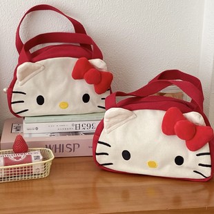 红色kitty猫手提包卡通少女心日系可爱洗漱包便携带饭包帆布包袋