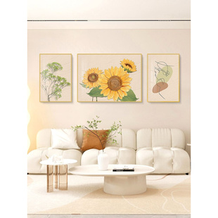 原木风客厅装 饰画现代简约沙发背景墙挂画北欧向日葵肌理三联画