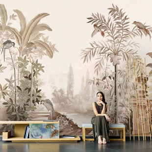 法式 床头壁画 手绘植物田园壁纸电视背景墙墙纸芭蕉树墙布酒店欧式