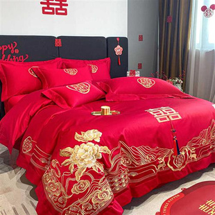 中式 龙凤刺绣大红色婚庆四件套新婚喜被床单被套结婚备婚床上用品