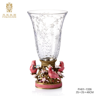 凤凰美居 布拉格铜底座红色陶瓷鸟捷克进口水晶玻璃花瓶花插 欧式