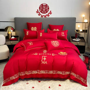 婚庆水洗棉床上四件套中式 大红色新婚刺绣床单被套婚嫁床上用品