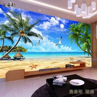 3D立体地中海壁纸8d客厅电视背景墙纸影视墙壁画风景海景沙滩椰树