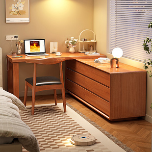 实木转角书桌斗柜一体卧室家用电脑桌台式 约伸缩桌子工作台