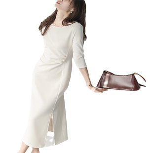 MZOMXO 扭结镂空设计气质通勤女装 连衣裙女 立体显瘦白色修身 中袖
