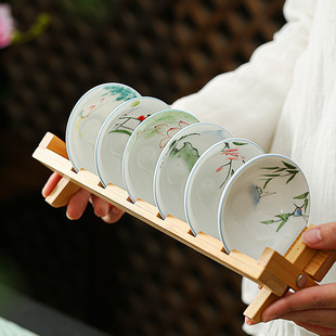 纯手绘斗笠杯套装 带沥水架陶瓷釉下彩茶杯功夫茶具品茗杯白瓷茶盏