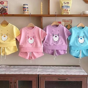 韩版 童装 女宝宝卡通糖果色夏季 两件套婴幼儿老鼠棉运动休闲套装