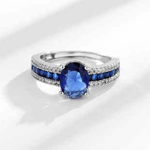 日韩蛋面蓝水晶戒指女925银时尚 气质高级感独特设计开口调节指环
