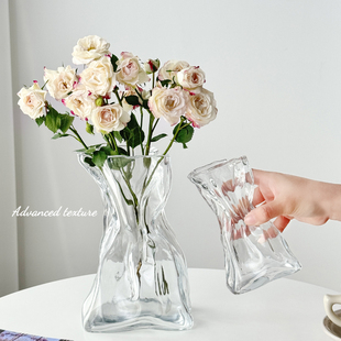 玻璃花瓶轻奢高级感透明水养小花瓶摆件客厅插花装 饰摆件不规则