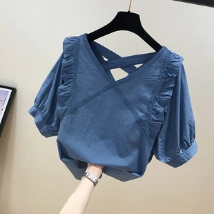 T恤女2024年新款 短袖 宽松洋气荷叶边设计感小众大码 夏季 上衣 韩版