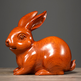 花梨木雕福财兔子摆件创意可爱实木客厅装 饰生肖兔红木雕刻工艺品