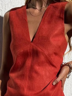 红色棉麻连衣裙女夏季 性感辣妹V领锈红色修身 背心短裙沙滩裙 无袖