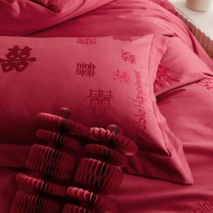 百喜 婚庆长绒棉贡缎结婚四件套全棉纯棉绣花红色床上用品 新中式