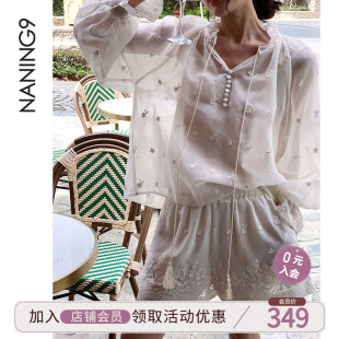 韩版 NANING9 新款 &短裤 夏季 立体刺绣套装 闲雪纺套装 微透流苏小衫