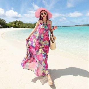新款 韩版 夏吊带沙滩裙子波西米亚长裙 泰国海南度假雪纺连衣裙女装