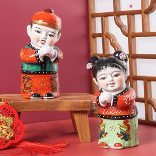 童男童女喜庆摆件中式 饰结婚礼品陶瓷工艺品 善财童子新房装