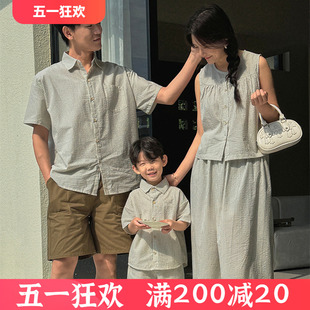 韩国亲子装 一家三口四口夏装 竖条纹衬衫 轻薄两件套母子母女全家装