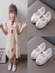 老北京女童绣花鞋 中国风帆布鞋 子 宝宝手工小白鞋 传统幼儿园汉服鞋