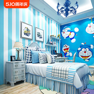 地中海蓝色墙纸无纺布客厅卧室温馨儿童房现代简约蓝白竖条纹壁纸