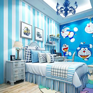 地中海蓝色墙纸无纺布客厅卧室温馨儿童房现代简约蓝白竖条纹壁纸